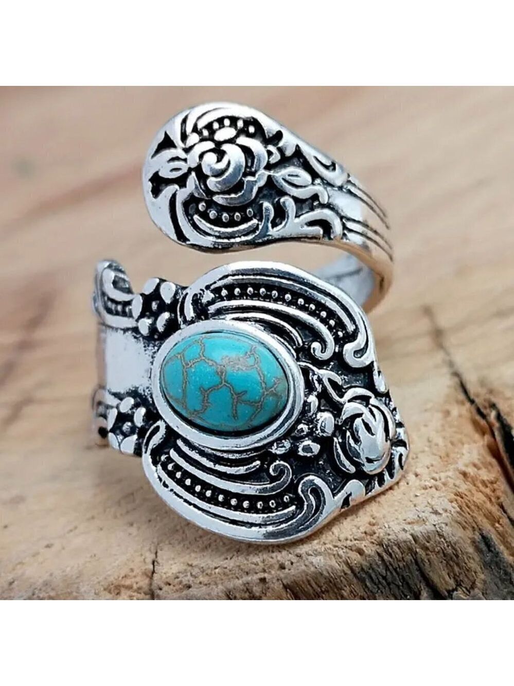 Boho Rose and Flowers with Faux Turquoise Adjustable Spoon Ring #1221 - Picture 1 of 16